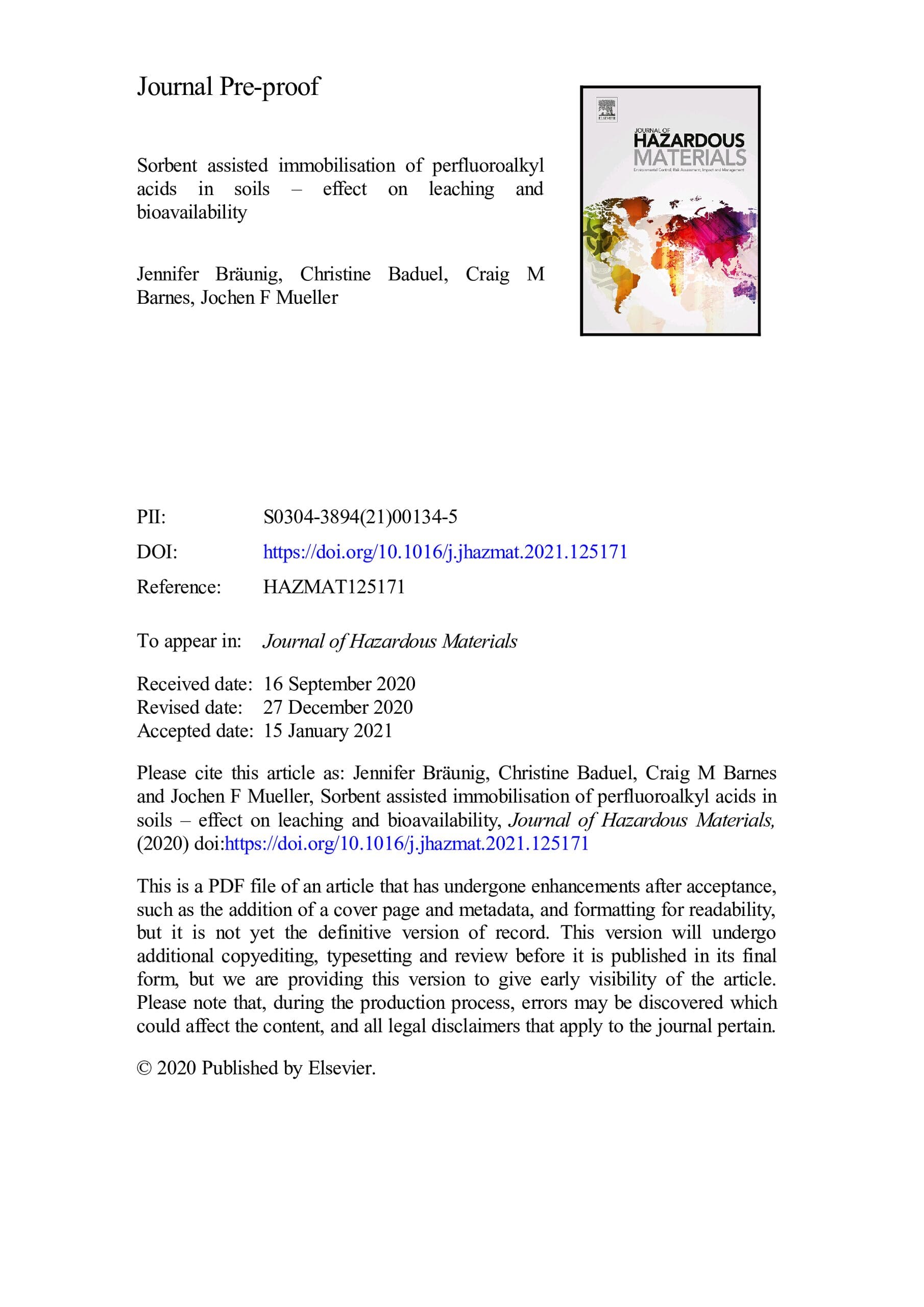 Publication: Sorbent-assisted immobilization of perfluoroalkyl acids in soils