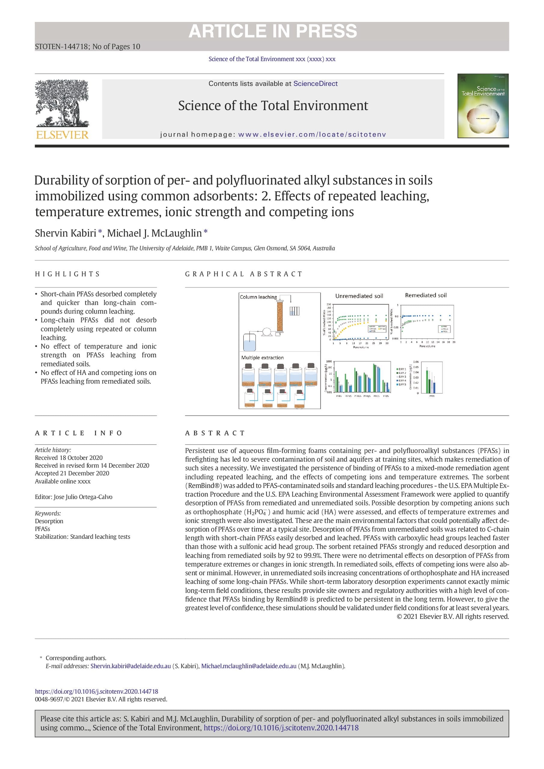 Publication: Durability of sorption of PFAS in soils immobilized using common adsorbents