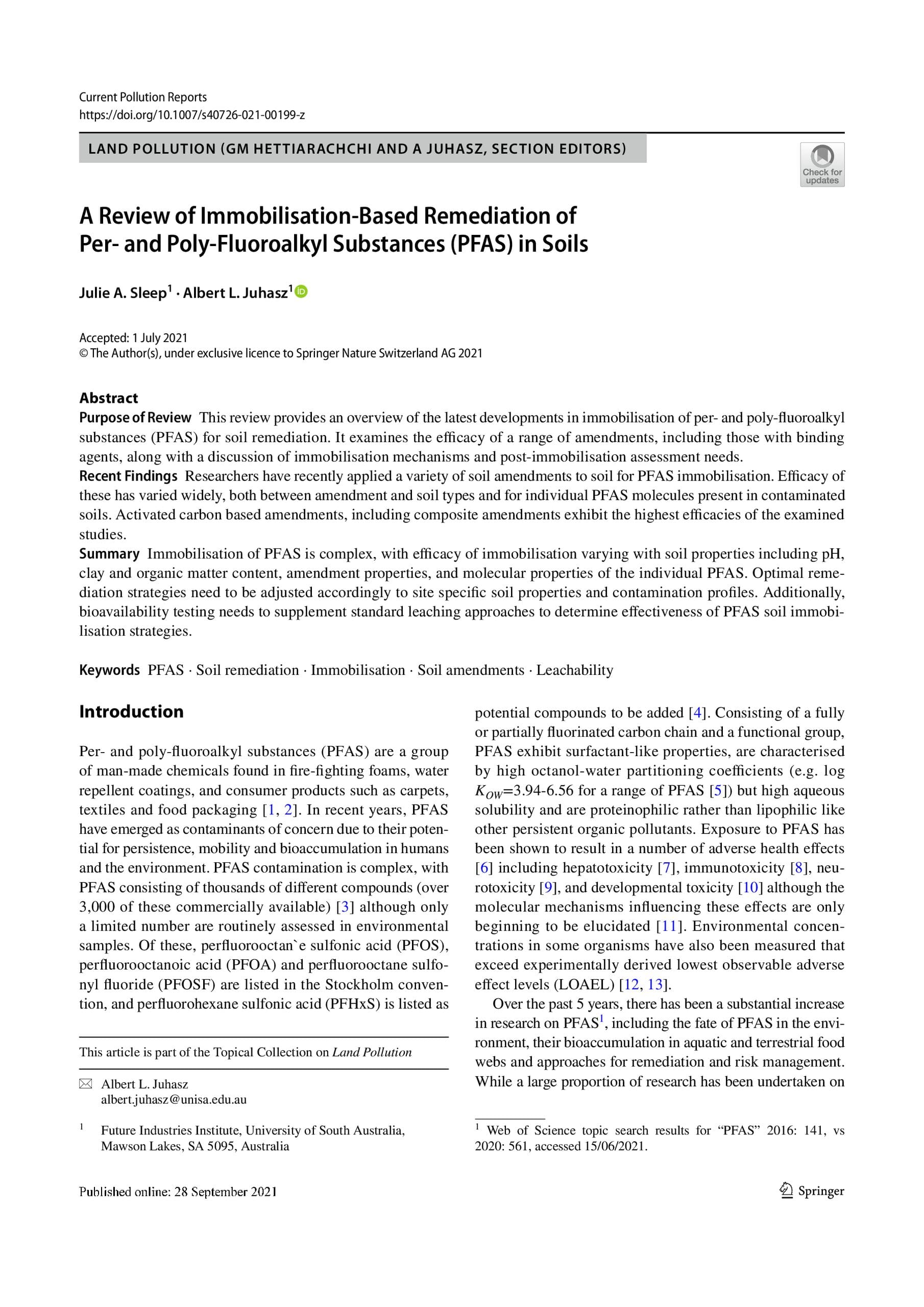 Publication: A review of immobilization-based remediation of PFAS in soils